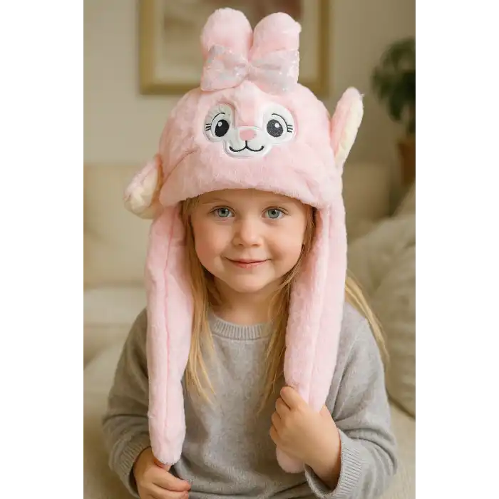 Pembe Renk Tavşan Figürlü Kulakları Oynayan Peluş Şapka
