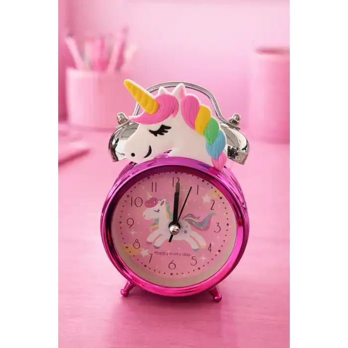 Pembe Renk Unicorn Figürlü Mini Dekoratif Işıklı Alarmlı Yuvarlak Masa Saati