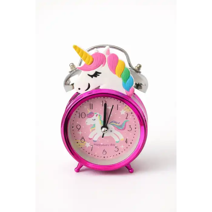 Pembe Renk Unicorn Figürlü Mini Dekoratif Işıklı Alarmlı Yuvarlak Masa Saati