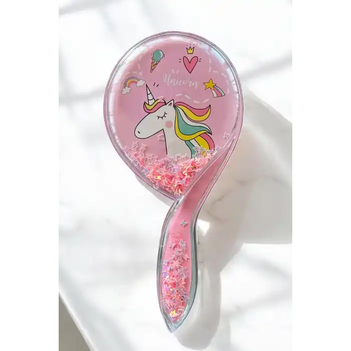 Pembe Renk Unıcorn Figürlü Sim Detaylı Saç Tarama Fırçası/ Tarak