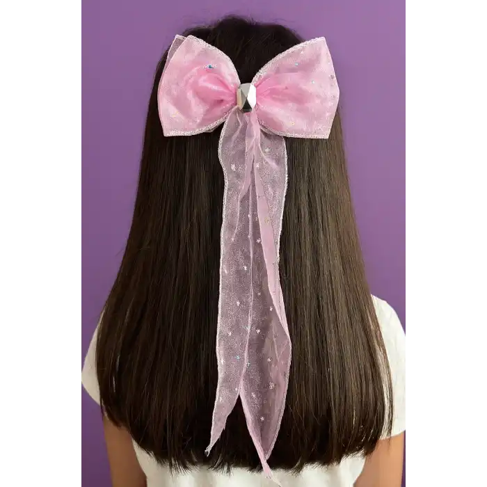 Pembe Renk Yıldız Detaylı Taşlı Kurdele Otomat Toka