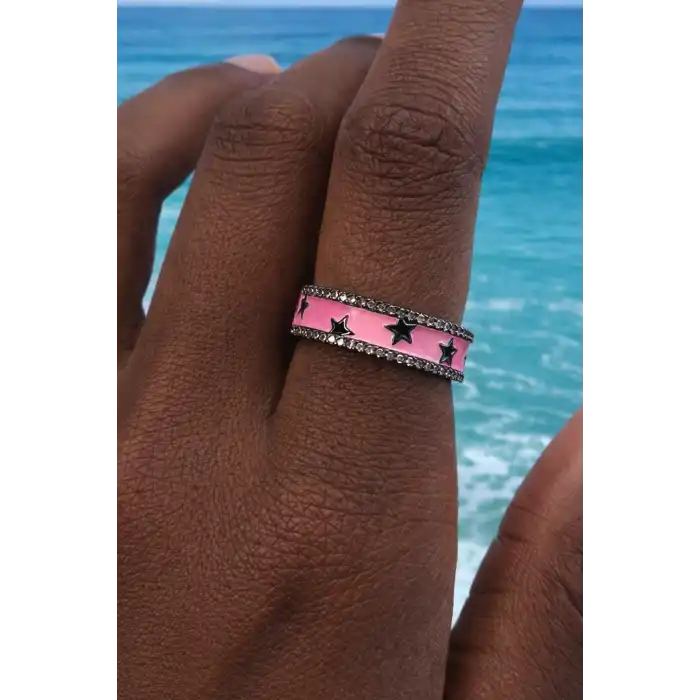 Pembe Renk Yıldız Figürlü Taşlı Ayarlanabilir Yüzük