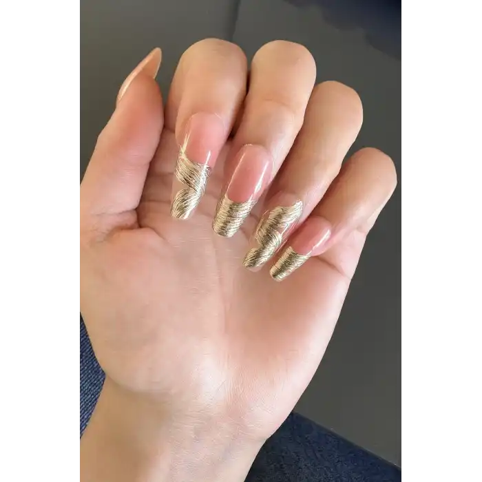 Pembe Ve Altın Renk Jel Tırnak Görünümlü 10lu Takma Tınak Set (Yapıştırıcılı)