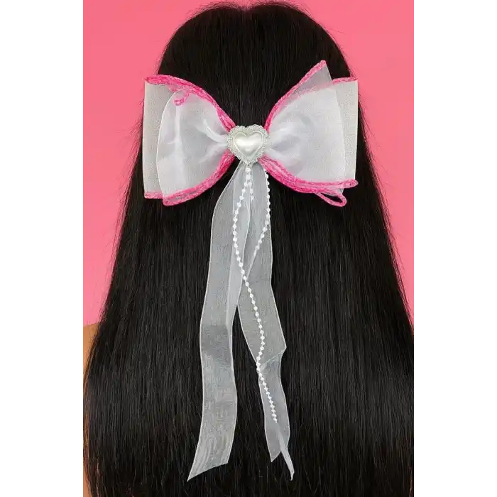 Pembe Ve Beyaz Renk Kalp Figürlü İnci Detaylı Kurdele Otomat Toka