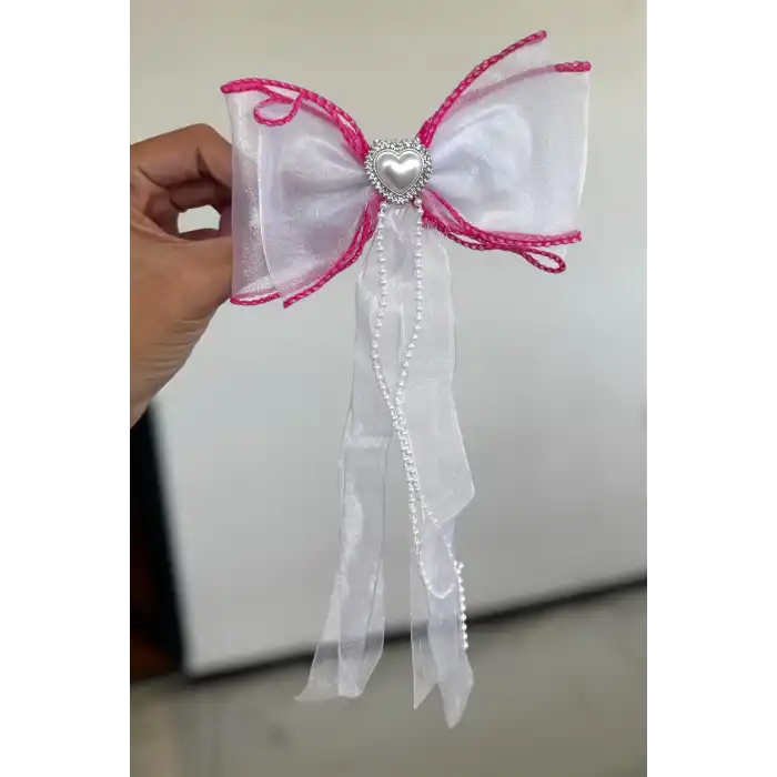 Pembe Ve Beyaz Renk Kalp Figürlü İnci Detaylı Kurdele Otomat Toka