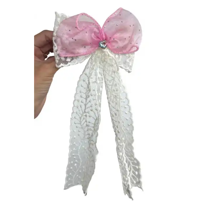 Pembe Ve Beyaz Renk Taş Detaylı Kurdele Otomat Toka