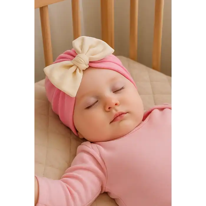 Pembe Ve Krem Renk Kurdele Figürlü Bebek Saç Bonesi