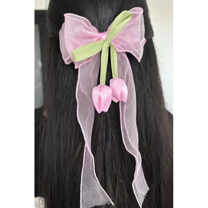 Pembe Ve Yeşil Renk Kurdele Detaylı Lale Figürlü Otomat Toka