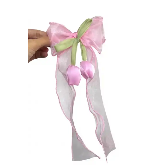 Pembe Ve Yeşil Renk Kurdele Detaylı Lale Figürlü Otomat Toka