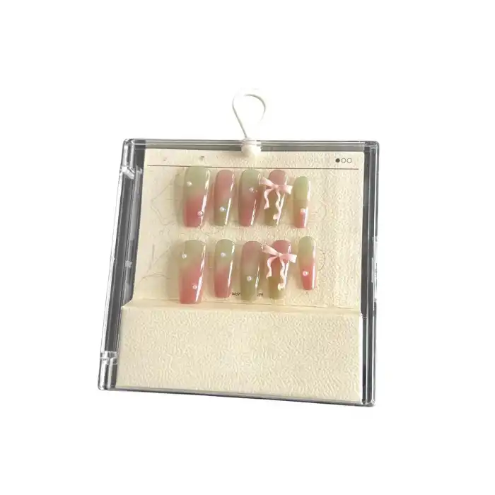 Pembe Ve Yeşil Renk Kurdele Figürlü Jel Tırnak Görünümlü 10lu Takma Tınak Set (Yapıştırıcılı)