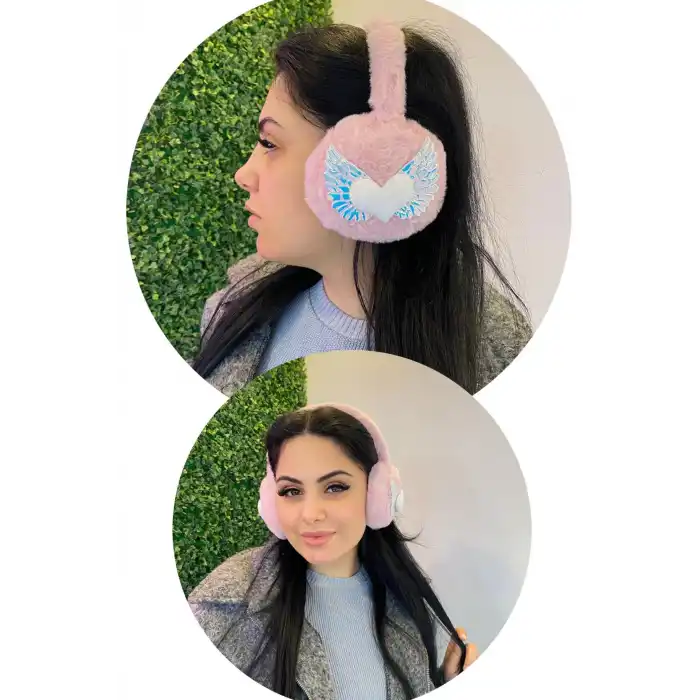 Pudra Renk Kalp Detaylı Peluş Kulaklık