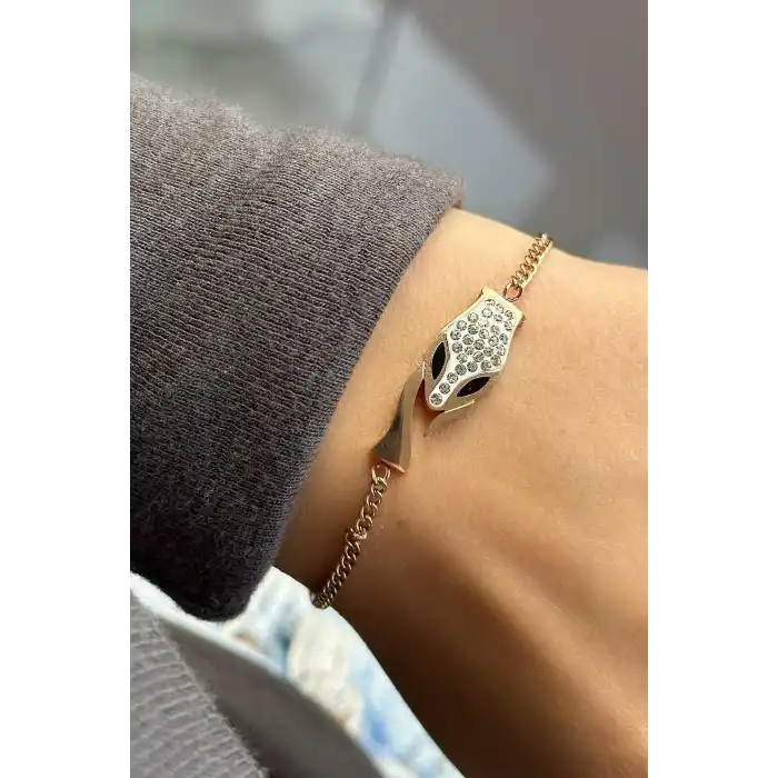 Rose Renk Yılan Figürlü Taş Detaylı Çelik Bileklik