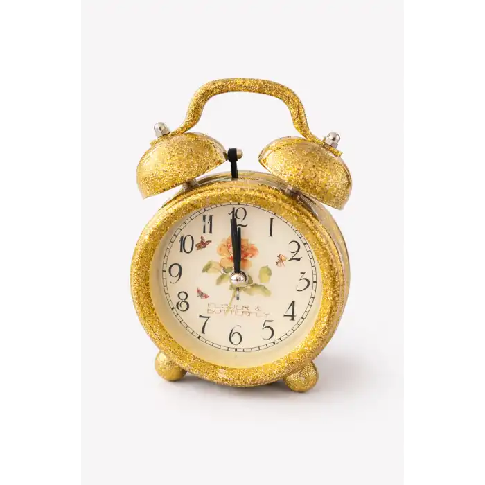 Sarı Renk Simli Mini Dekoratif Işıklı Alarmlı Yuvarlak Masa Saati