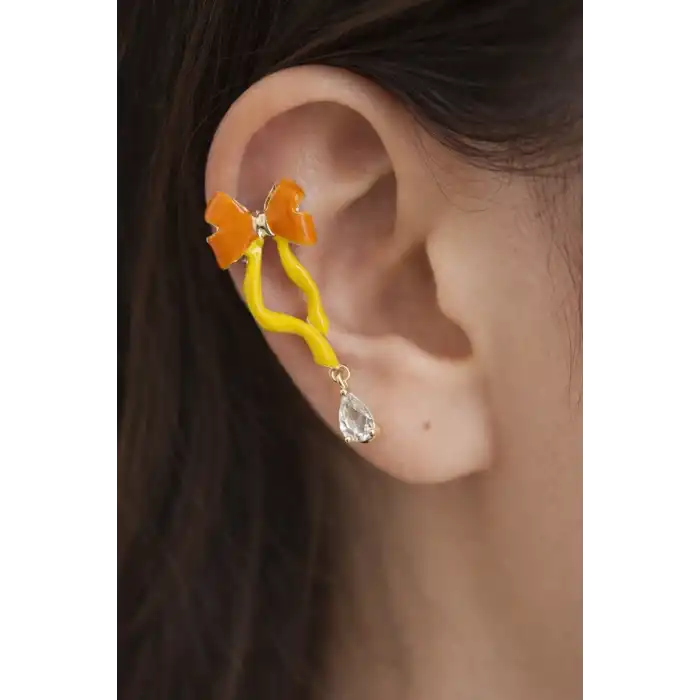 Sarı Ve Turuncu Renk Kurdele Figürlü 14K Altın Kaplama TX Ear Cuff (Tek)