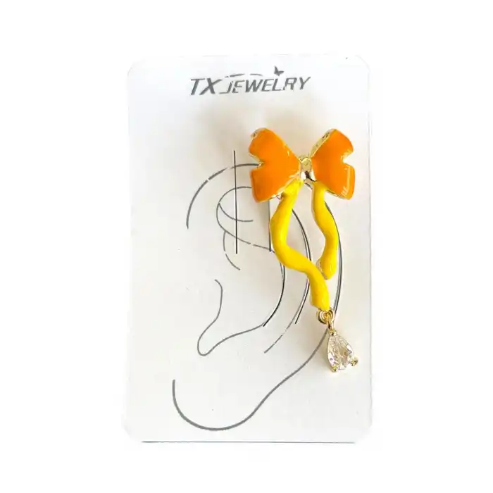 Sarı Ve Turuncu Renk Kurdele Figürlü 14K Altın Kaplama TX Ear Cuff (Tek)