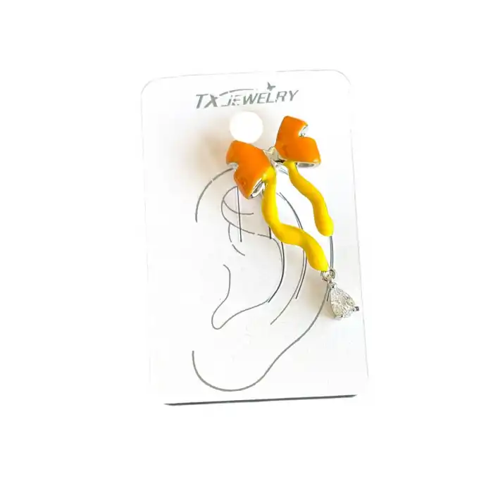 Sarı Ve Turuncu Renk Kurdele Figürlü 14K Altın Kaplama TX Ear Cuff (Tek)