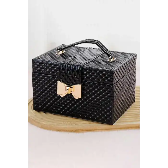 Siyah Renk Ayna Detaylı Çekmeceli Deri Takı Organizeri