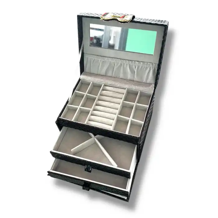 Siyah Renk Ayna Detaylı Çekmeceli Deri Takı Organizeri