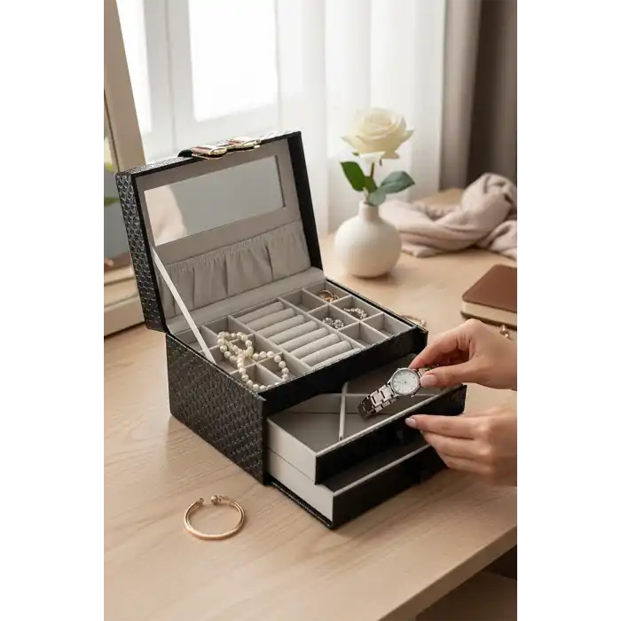 Siyah Renk Ayna Detaylı Çekmeceli Deri Takı Organizeri