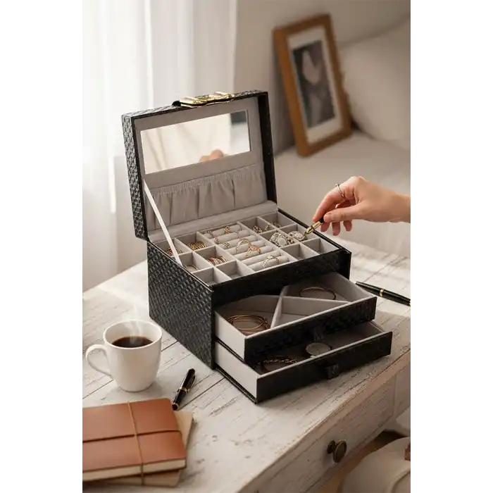 Siyah Renk Ayna Detaylı Çekmeceli Deri Takı Organizeri