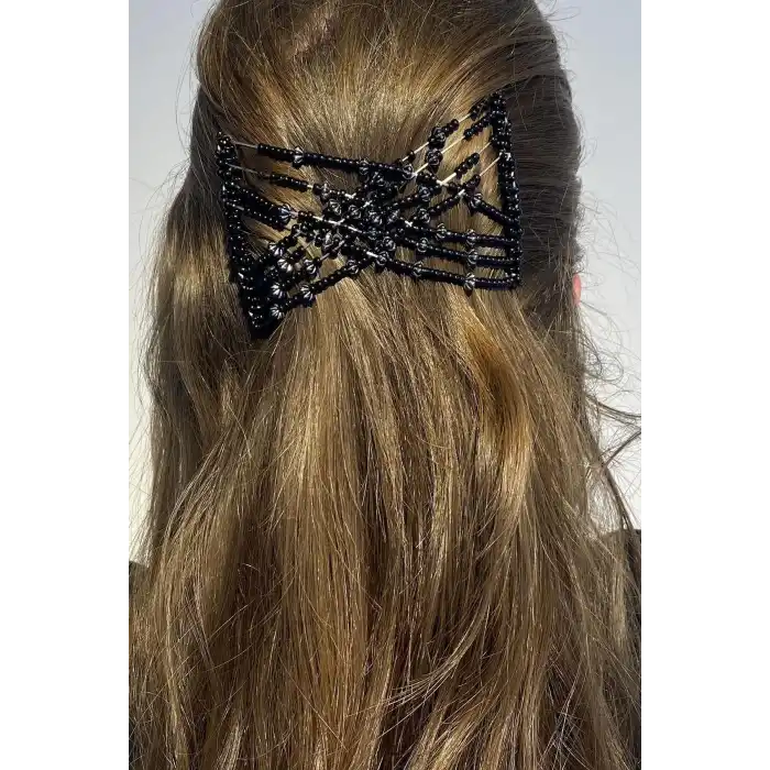 Siyah Renk Boncuk Detaylı Tel Tarak Toka