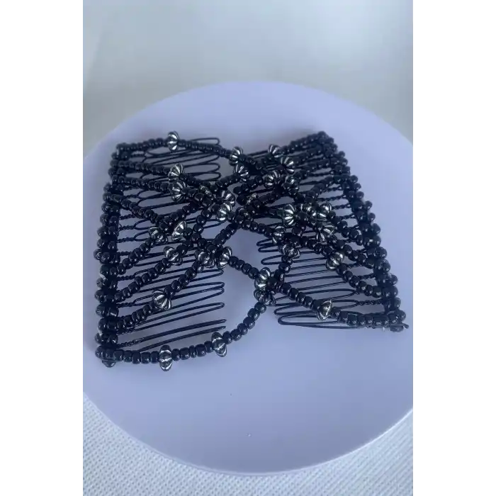 Siyah Renk Boncuk Detaylı Tel Tarak Toka