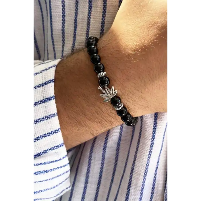 Siyah Renk Boncuk Detaylı Yaprak Figürlü Erkek Bileklik