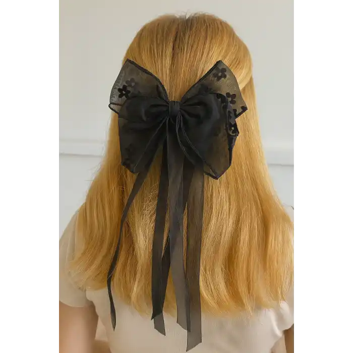 Siyah Renk Çiçek Detaylı Kurdele Otomat Toka