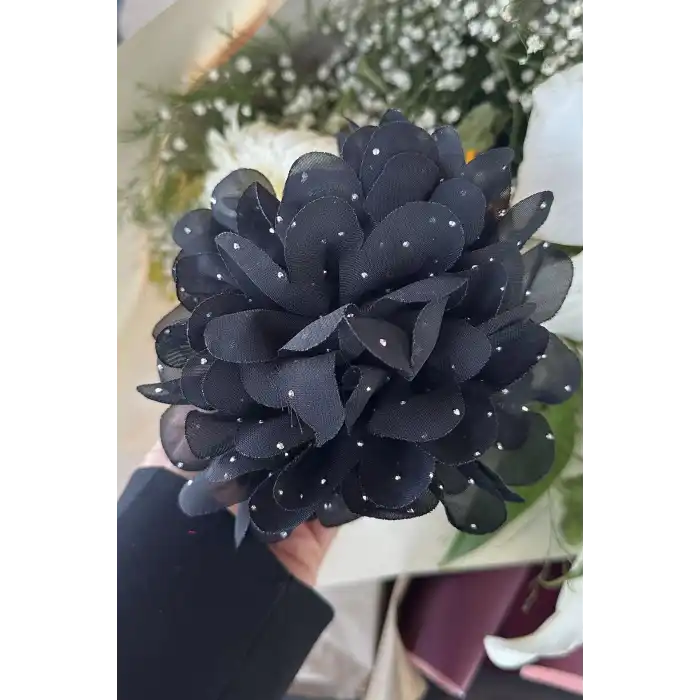 Siyah Renk Çiçek Figürlü Taş Detaylı Mandal Toka