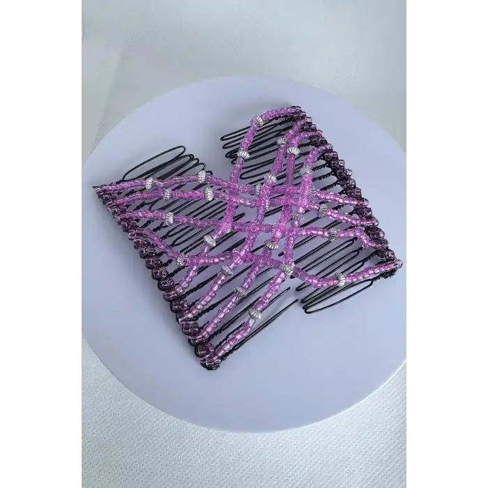 Siyah Renk Fuşya Boncuk Detaylı Tel Tarak Toka