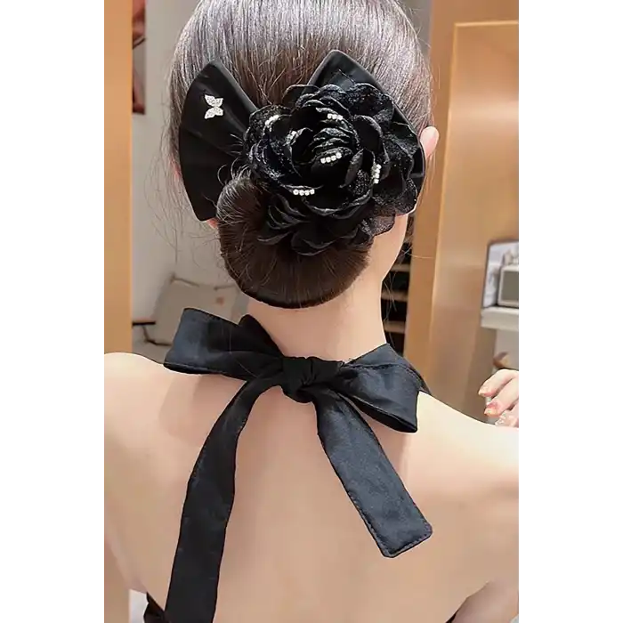 Siyah Renk Gül Detaylı Topuz Tokası