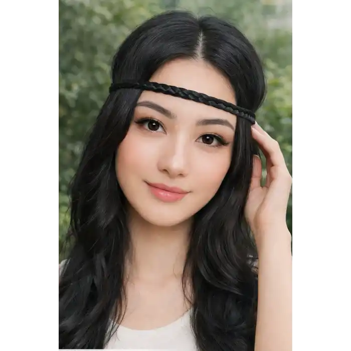 Siyah Renk İnce Örgülü Lastik Bandana