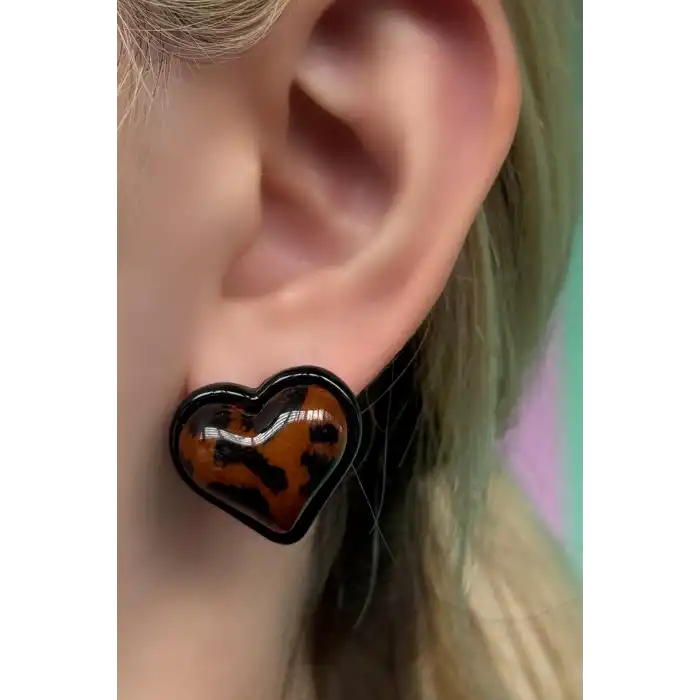 Siyah Renk Kalp Figürlü Leopar Desenli Küpe (Çift)