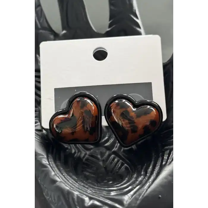 Siyah Renk Kalp Figürlü Leopar Desenli Küpe (Çift)