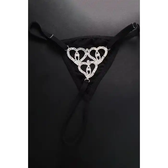 Siyah Renk Kalp Figürlü Taş Detaylı Tanga