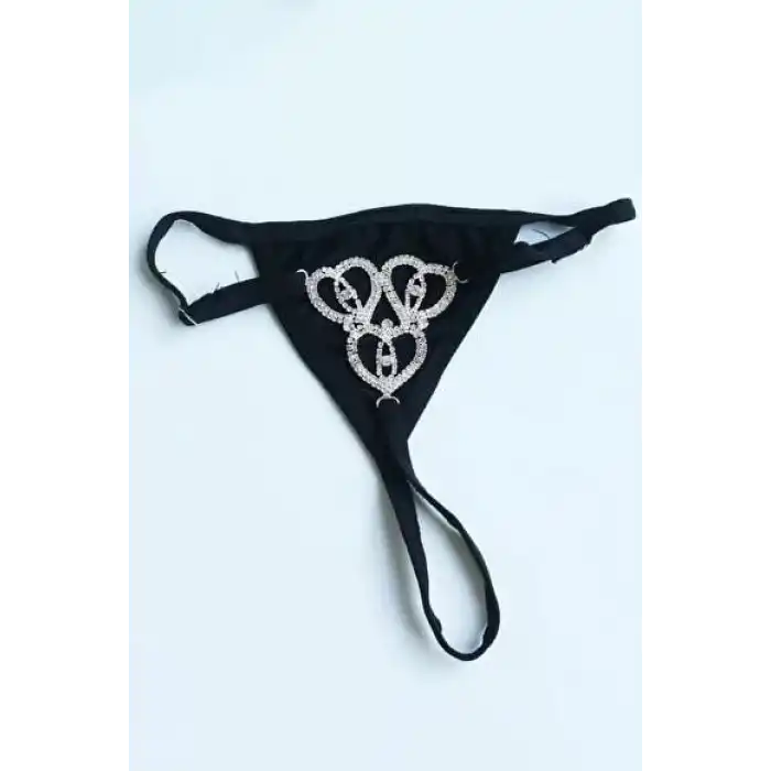 Siyah Renk Kalp Figürlü Taş Detaylı Tanga