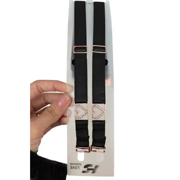 Siyah Renk Kalp Figürlü Taşlı Sütyen Askısı