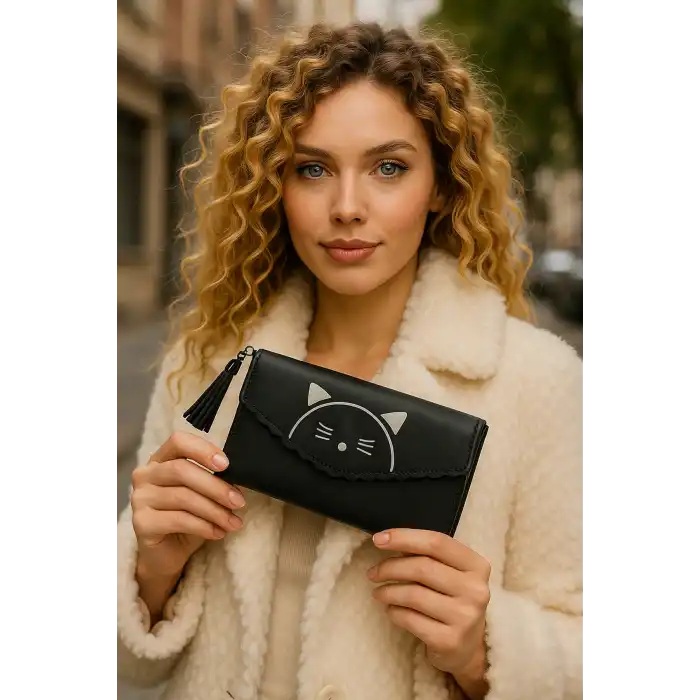 Siyah Renk Kedi Figürlü Deri Kadın Cüzdan
