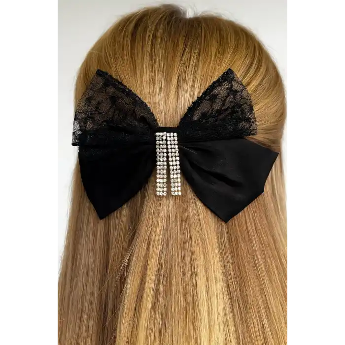 Siyah Renk Kurdele Figürlü Taş Detaylı Otomat Toka