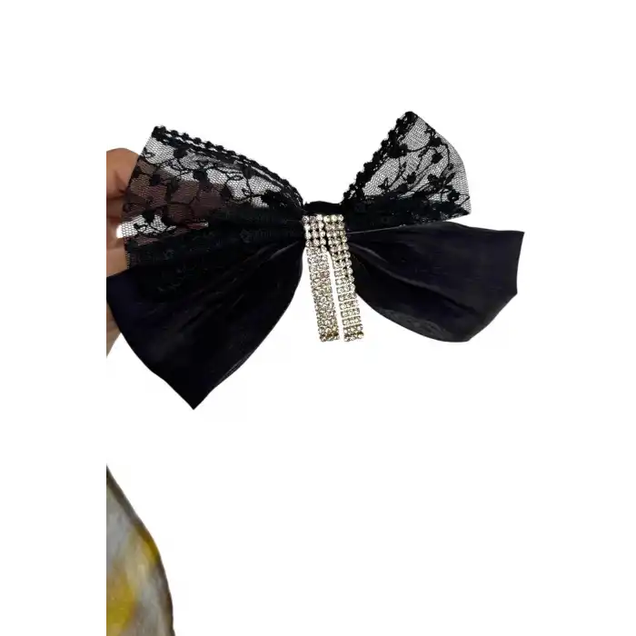 Siyah Renk Kurdele Figürlü Taş Detaylı Otomat Toka