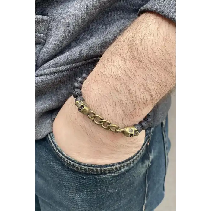 Siyah Renk Kurukafa Figürlü Taş Detaylı Erkek Bileklik