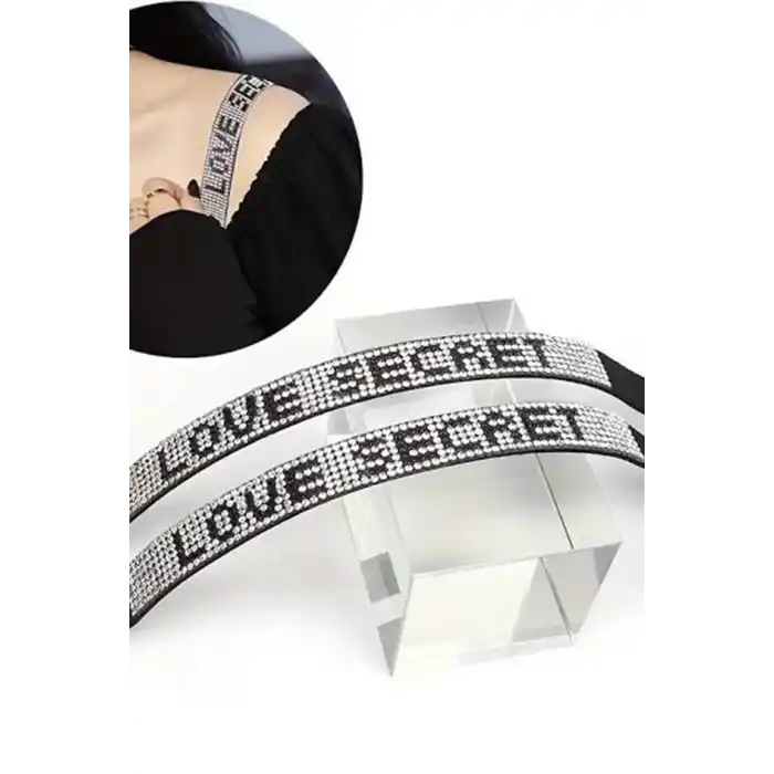 Siyah Renk Love Secret Yazılı Taş Detaylı Sütyen Askısı