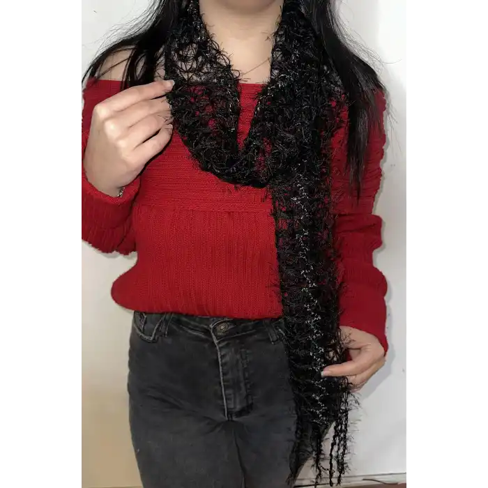 Siyah Renk Örgü Detaylı Şal