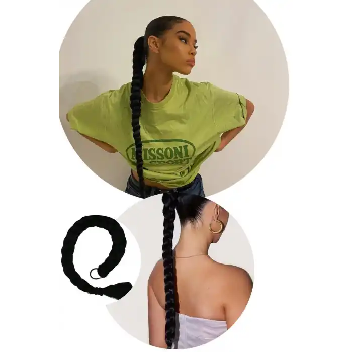 Siyah Renk Takma Lastik Tokalı Örgü At Kuyruğu Saç (65 Cm)