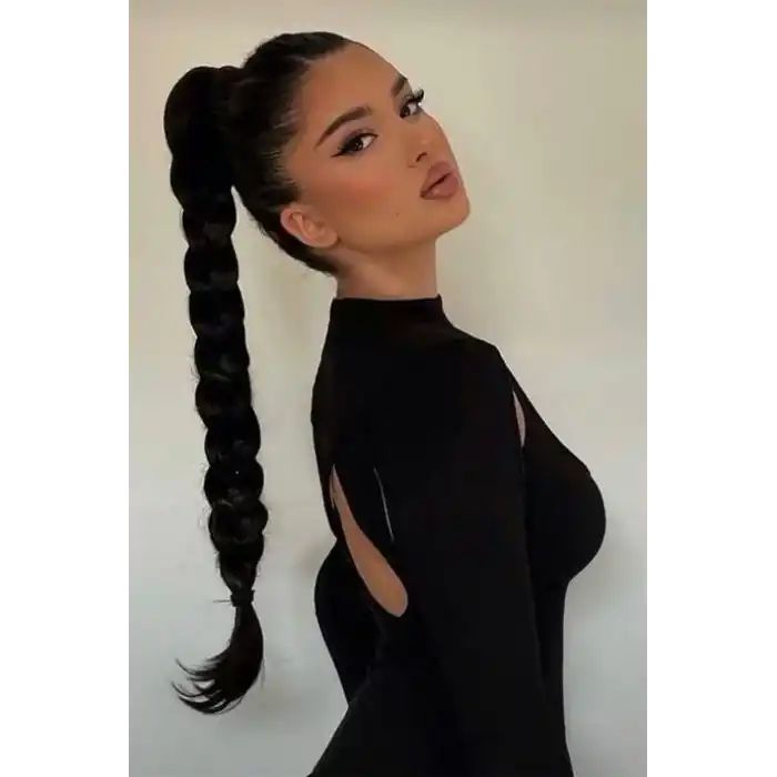 Siyah Renk Takma Lastik Tokalı Örgü At Kuyruğu Saç (65 Cm)