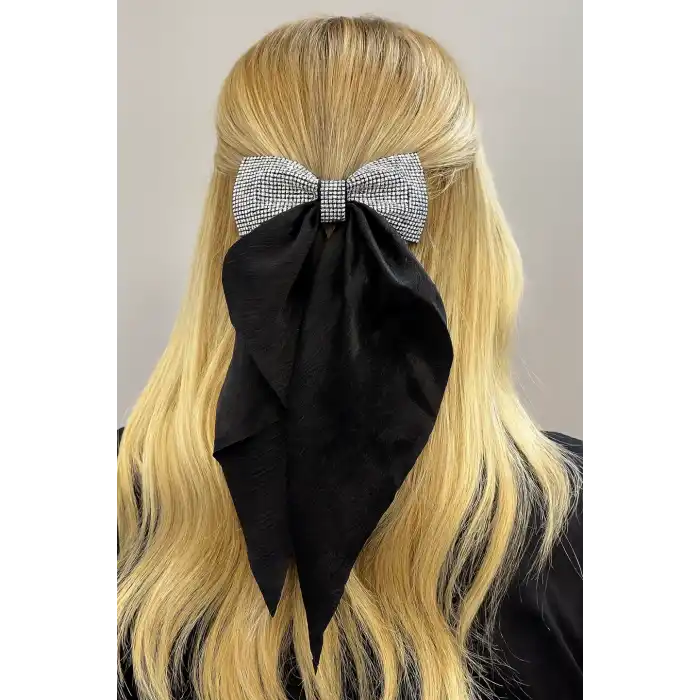 Siyah Renk Taş Detaylı Kurdele Otomat Toka