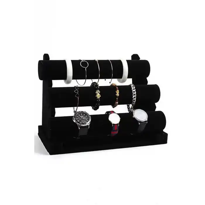 Siyah Renk Üç Katlı Süet Saat/Bileklik Takı Standı