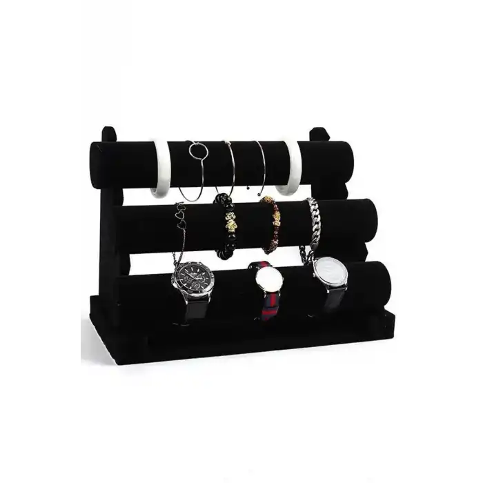 Siyah Renk Üç Katlı Süet Saat/Bileklik Takı Standı