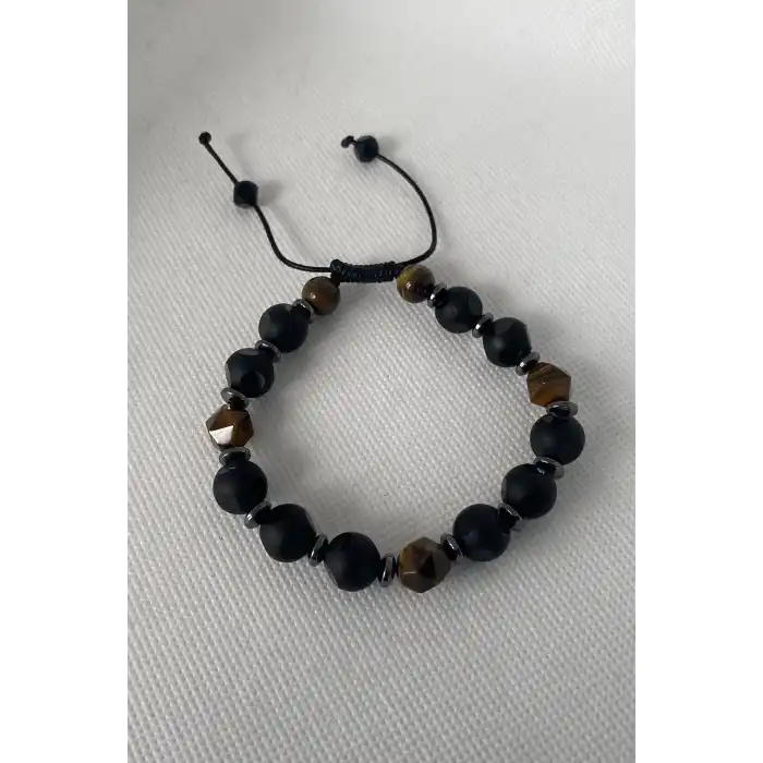 Siyah Ve Kahve Renk Boncuk Detaylı Erkek Bileklik