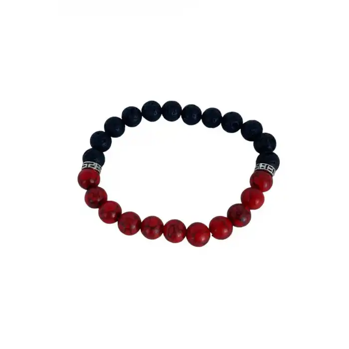 Siyah Ve Kırmızı Renk Boncuk Detaylı Erkek Bileklik